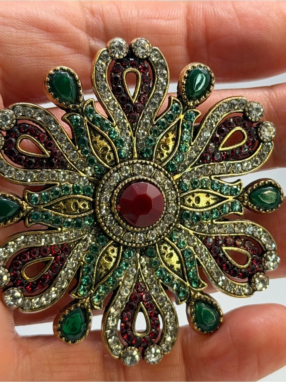 Vintage-Inspired Green & Red Rhinestone Brooch